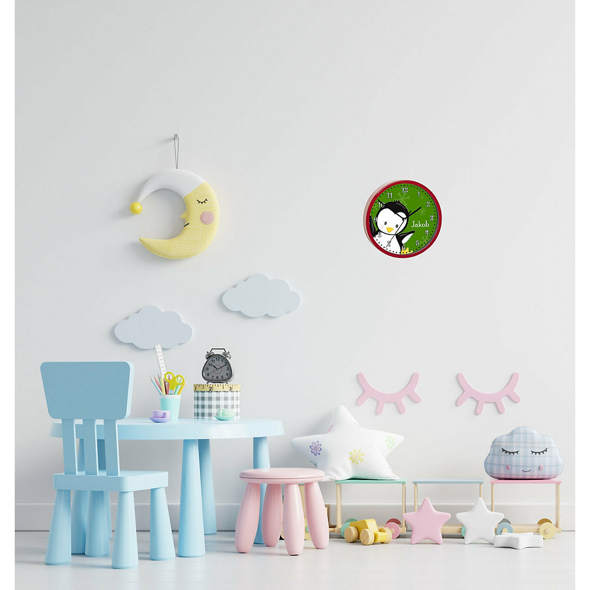 Kinder Wanduhr personalisiert mit Name Pinguin grün