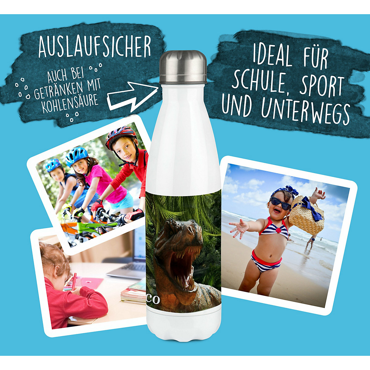 Edelstahl Kinder Thermoflasche / Trinkflasche bunt T-Rex Spülmaschinenfest, Auslaufsicher, Bruchfest, Doppelwandig, Für Heißgetränke geeignet, Mit Deckel, Isoliert