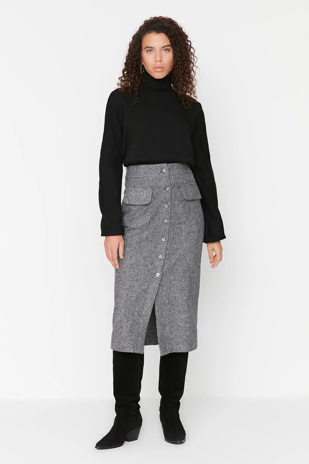 Trendyol Collection  Grauer Midi-Webrock aus Stoff mit Knopfleiste und Taschendetails TWOAW23ET00323