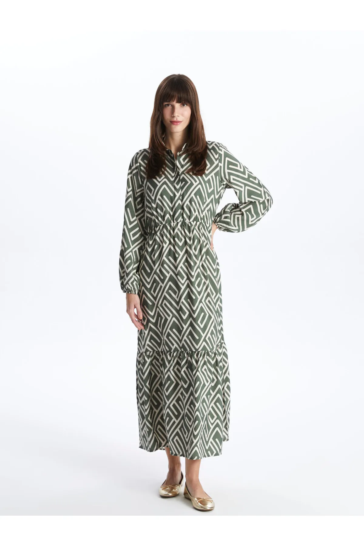 LC Waikiki  Gemustertes langärmliges Damen-Hemdkleid