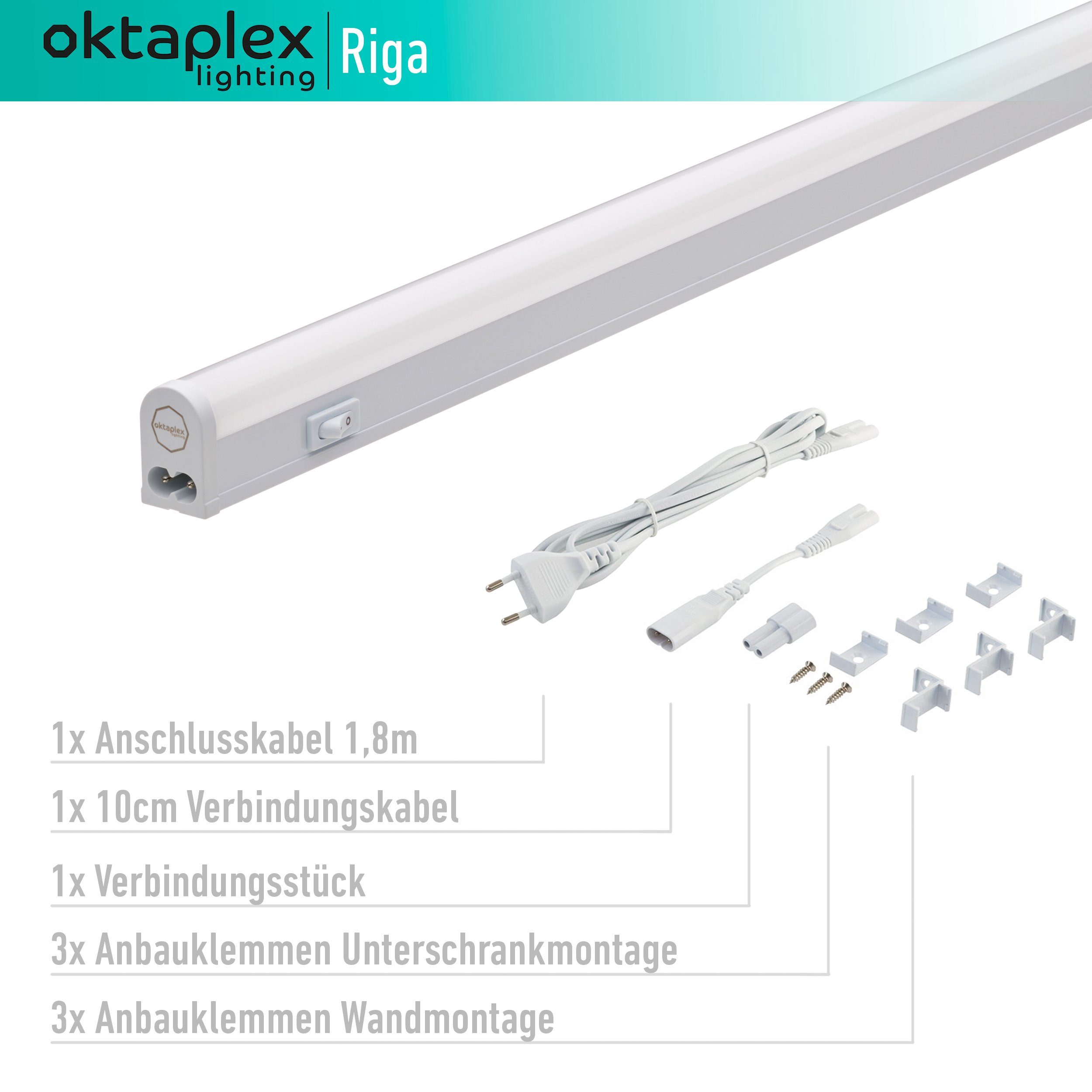 Oktaplex lighting LED Unterbauleuchte Riga 4W 28cm 230V, Ein-/Ausschalter, LED fest verbaut, Warmweiß, 3000K Lichtleiste Küche Unterschrankleuchte