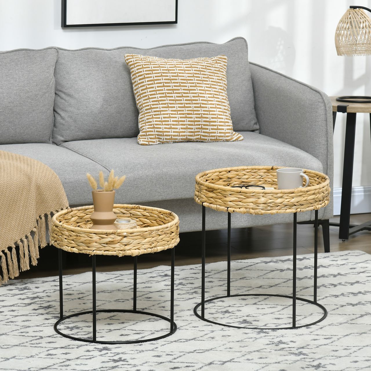 HOMCOM 2er-Set Couchtisch, Beistelltisch im Boho-Stil, Satztisch, Stahl, Natur