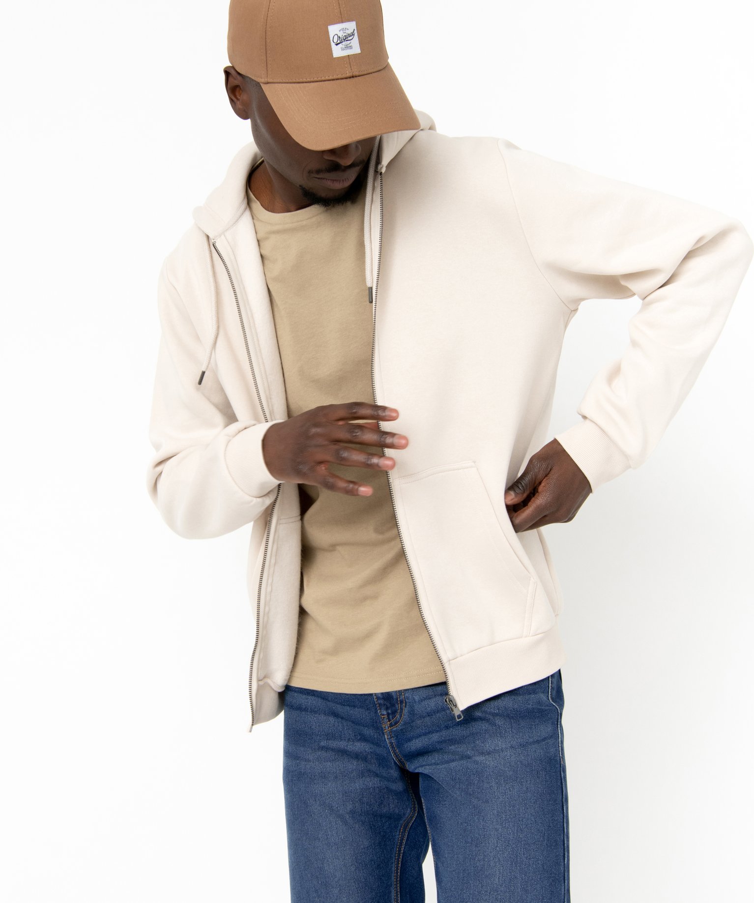 Sweat zippé à capuche homme ecru | GEMO