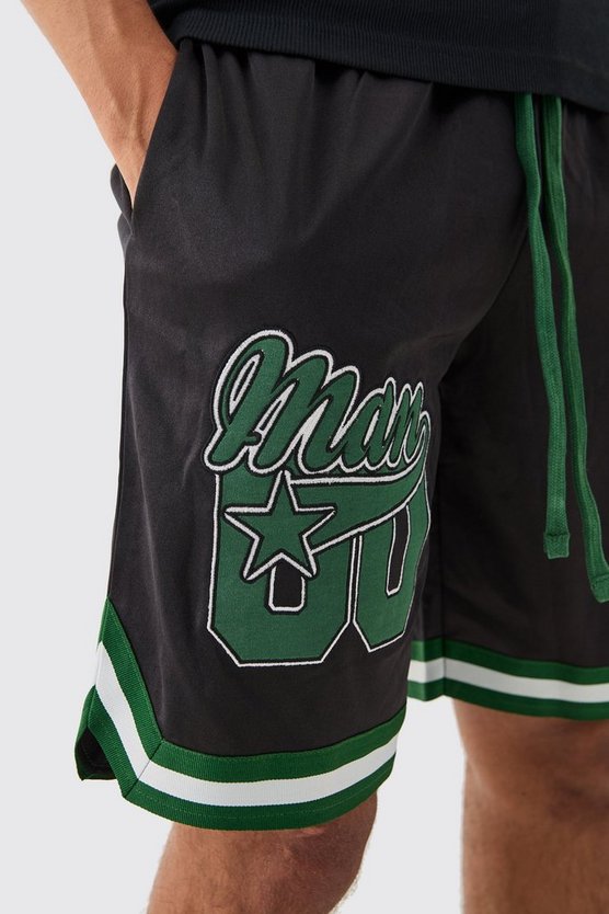 Baseball-Shorts aus Mesh und Satin mit Applique