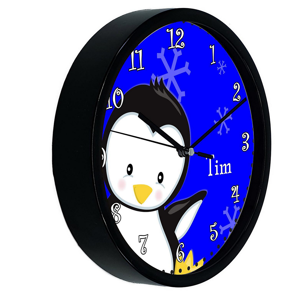 Kinder Wanduhr personalisiert mit Name Pinguin blau