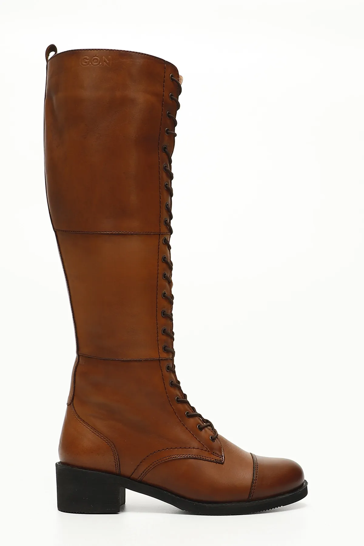 GÖNDERİ(R)  Hellbraune Antik-Gön-Damenstiefel aus echtem Leder mit runder Zehenpartie, Gummisohle und Absatz zum Schnüren für den Alltag 46577