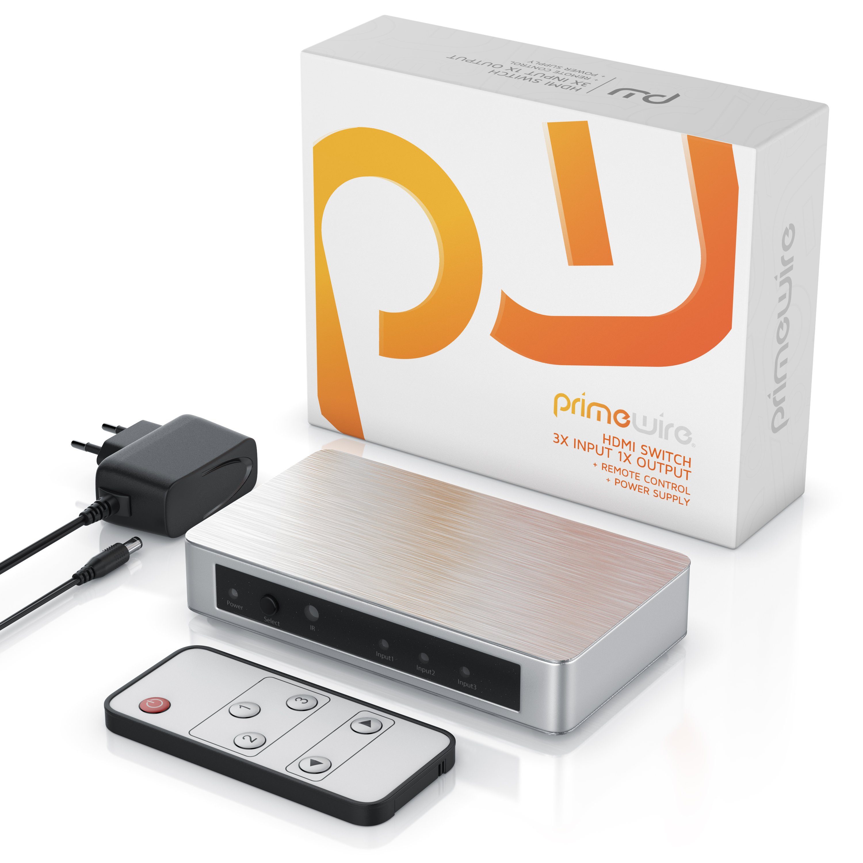 Primewire Audio / Video Matrix-Switch, 3-Port 4k UHD HDMI Switch, Verteiler mit Fernbedienung & Netzteil