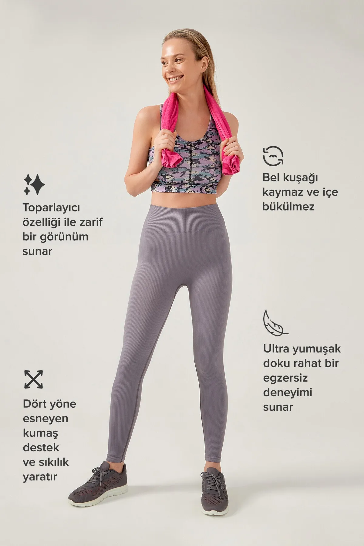 LOS OJOS  Anthrazitfarbene, nahtlose, gerippte Fitness-Leggings mit hoher Taille für Damen
