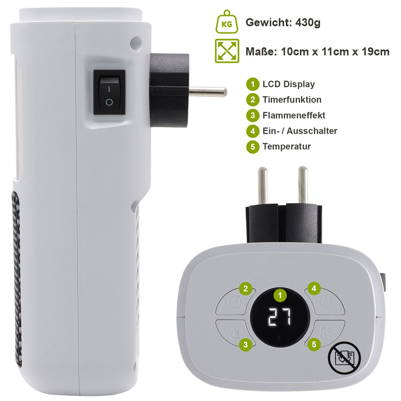 TroniTechnik Steckdosen Heizlüfter Mini, Kaminfeuereffekt LCD Display Keramik 400W