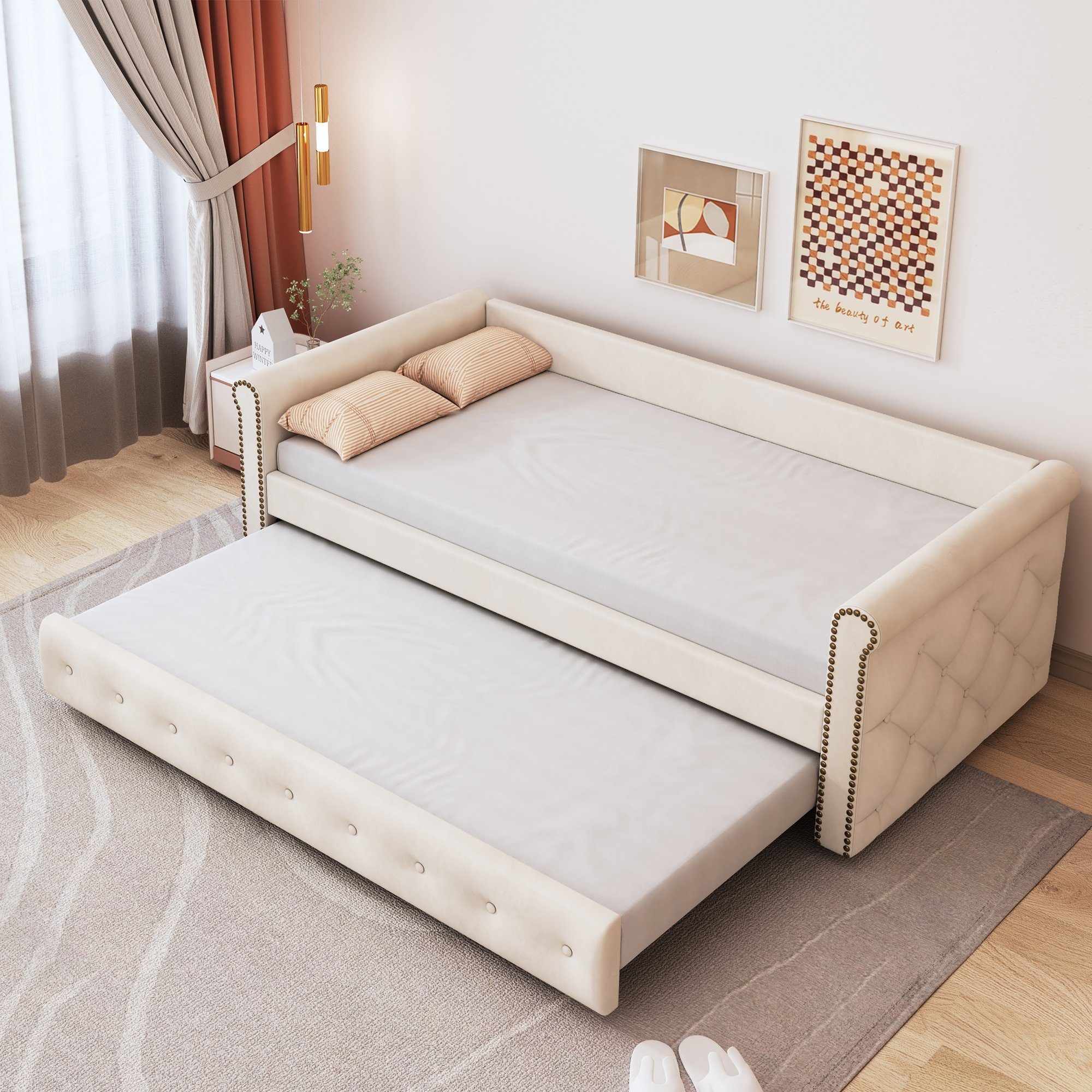 WISHDOR Bett Schlafsofa Kinderbett Polsterbett Tagesbett Daybett 90x200 cm (ausziehbares Schlafsofa, hautfreundlicher Samtstoff), ohne Matratze