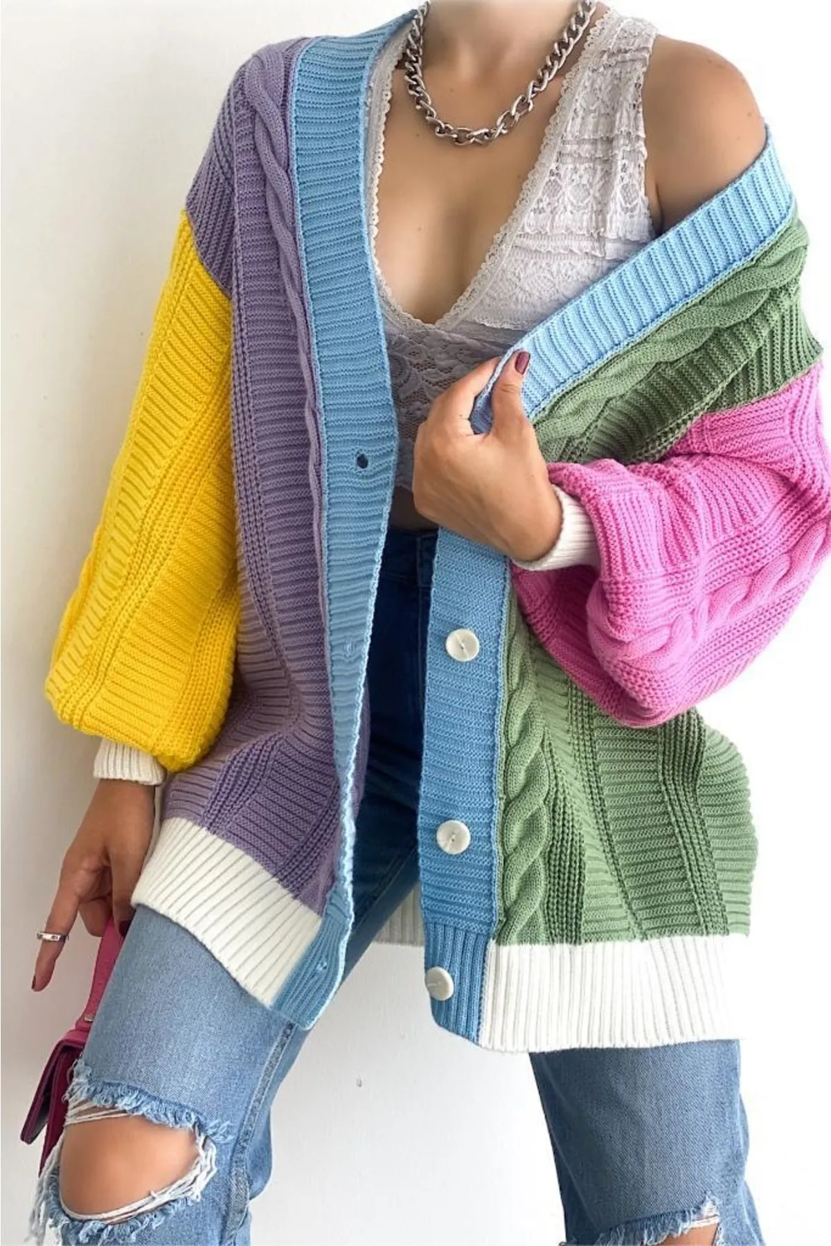 FEMELLE  Damen Standardgröße Mehrfarbig Neue Saison Lockere Oversize Strickjacke