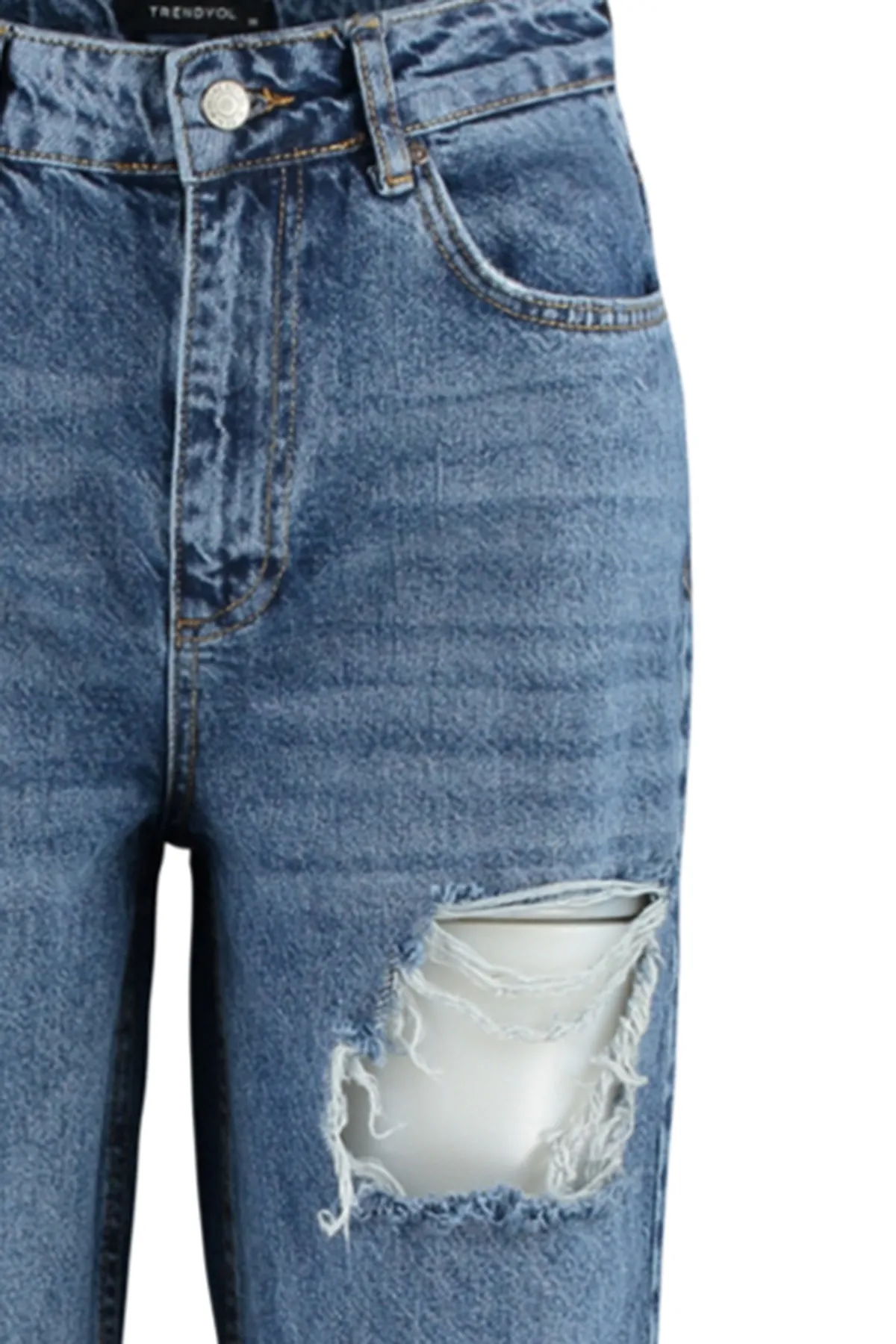 Trendyol Collection  Dunkelblaue zerrissene Jeans mit hoher Taille und weitem Bein TWOSS23JE00123