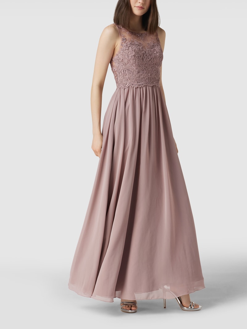 Abendkleid mit Ziersteinen und floralen Stickereien in mauve