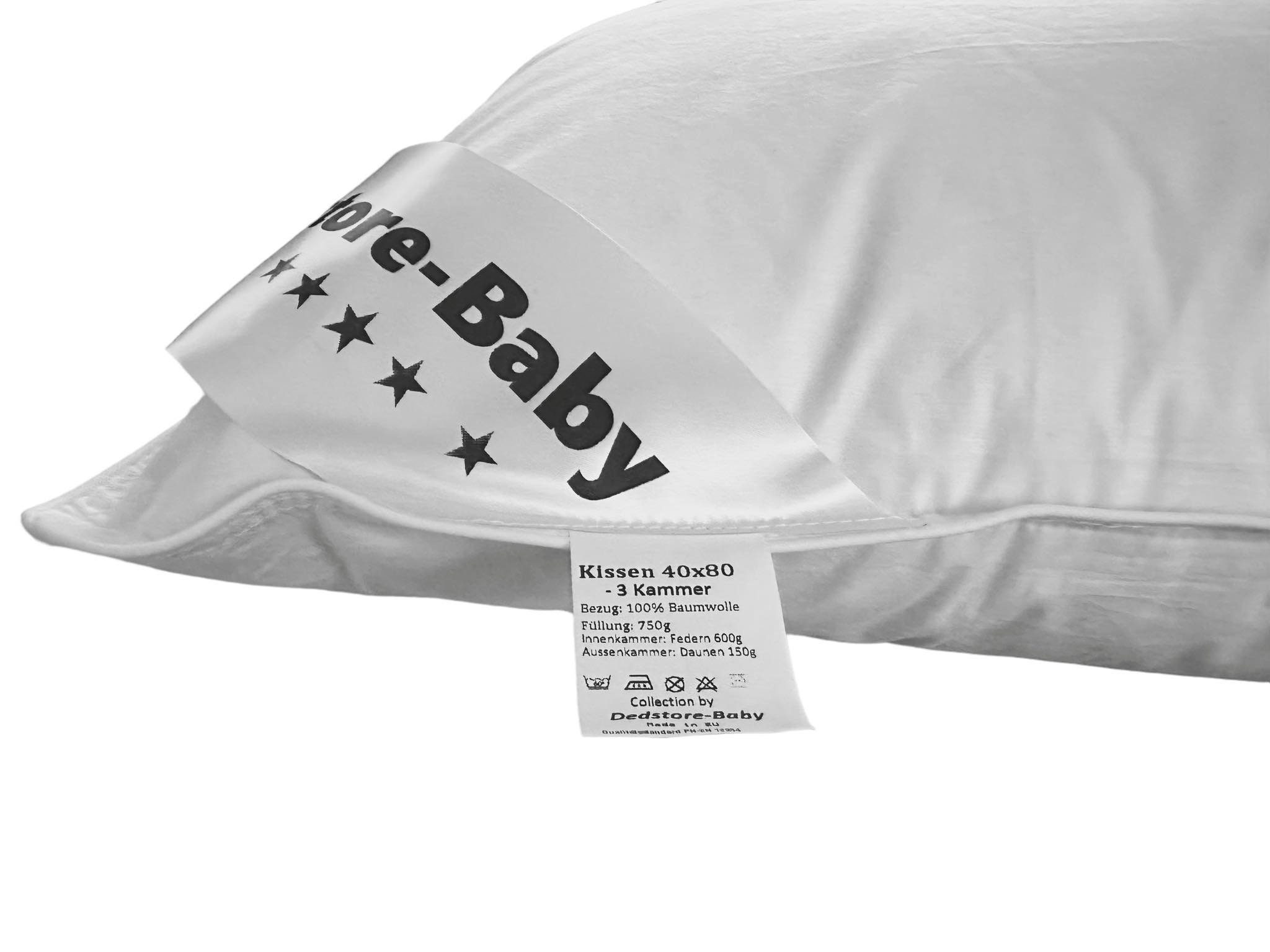 3-Kammer-Kopfkissen 40x80cm Federn Daunen Füllung 750g Hotelqualität Pillow, Dedstore-Baby, Füllung: Daunen-Federmischung, Bezug: 100%, Natur Kissen, 1tlg., Allergiker freundlich, Kopf-, Nacken- und Schulterbereich