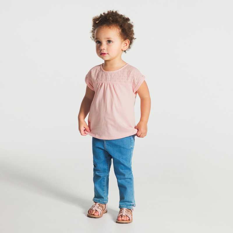 T-shirt bi-matière broderie anglaise rose bébé fille