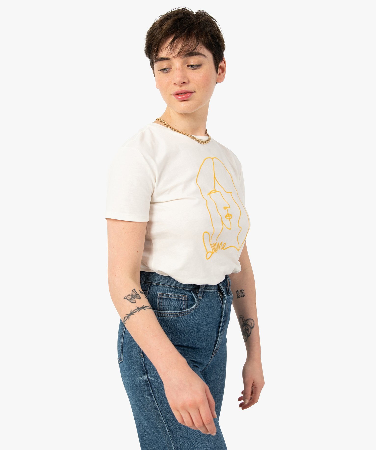 Tee-shirt femme à manches courtes avec motif brodé ecru | GEMO