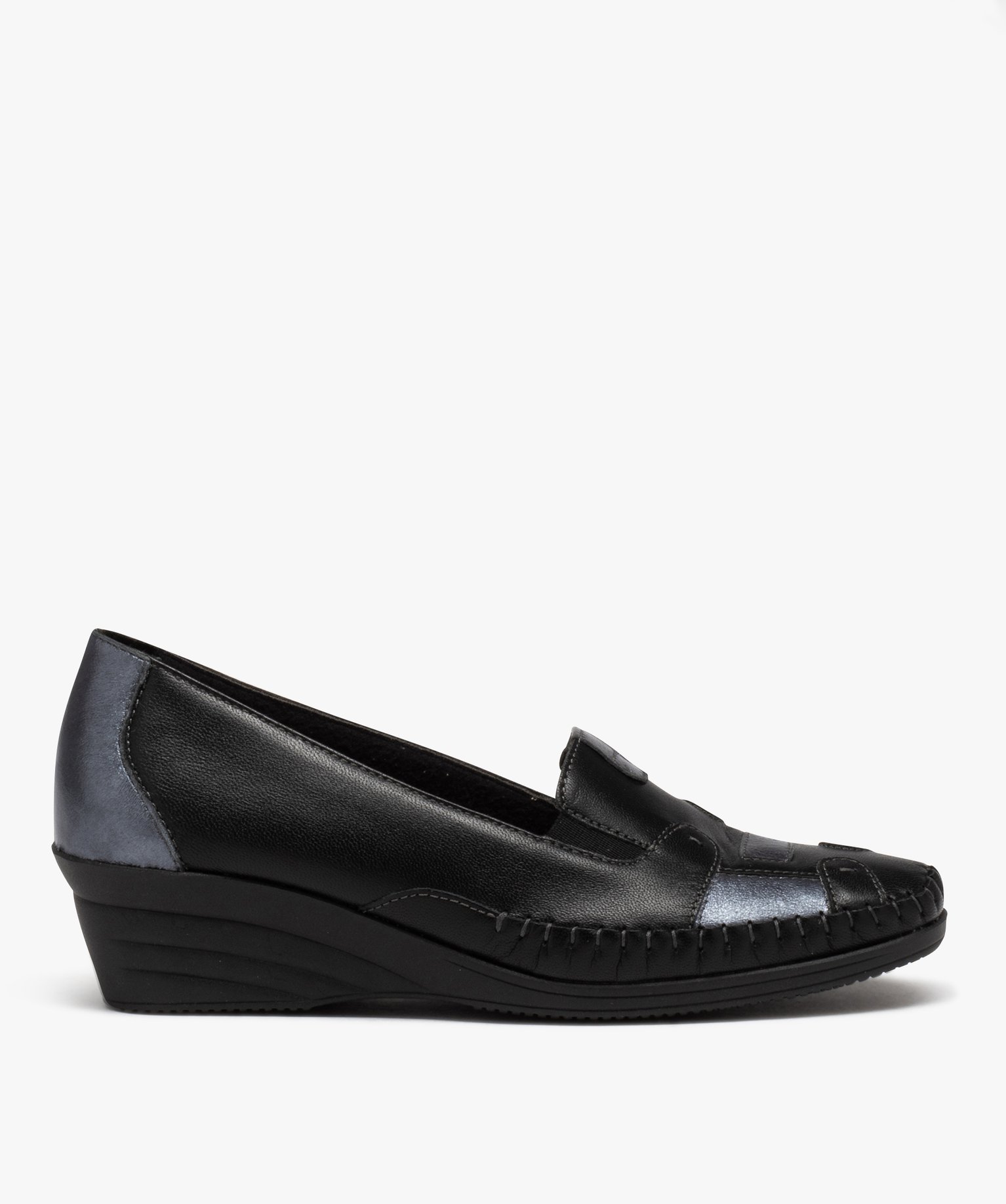 Mocassins femme confort en cuir à semelle compensée et emp... noir | GEMO