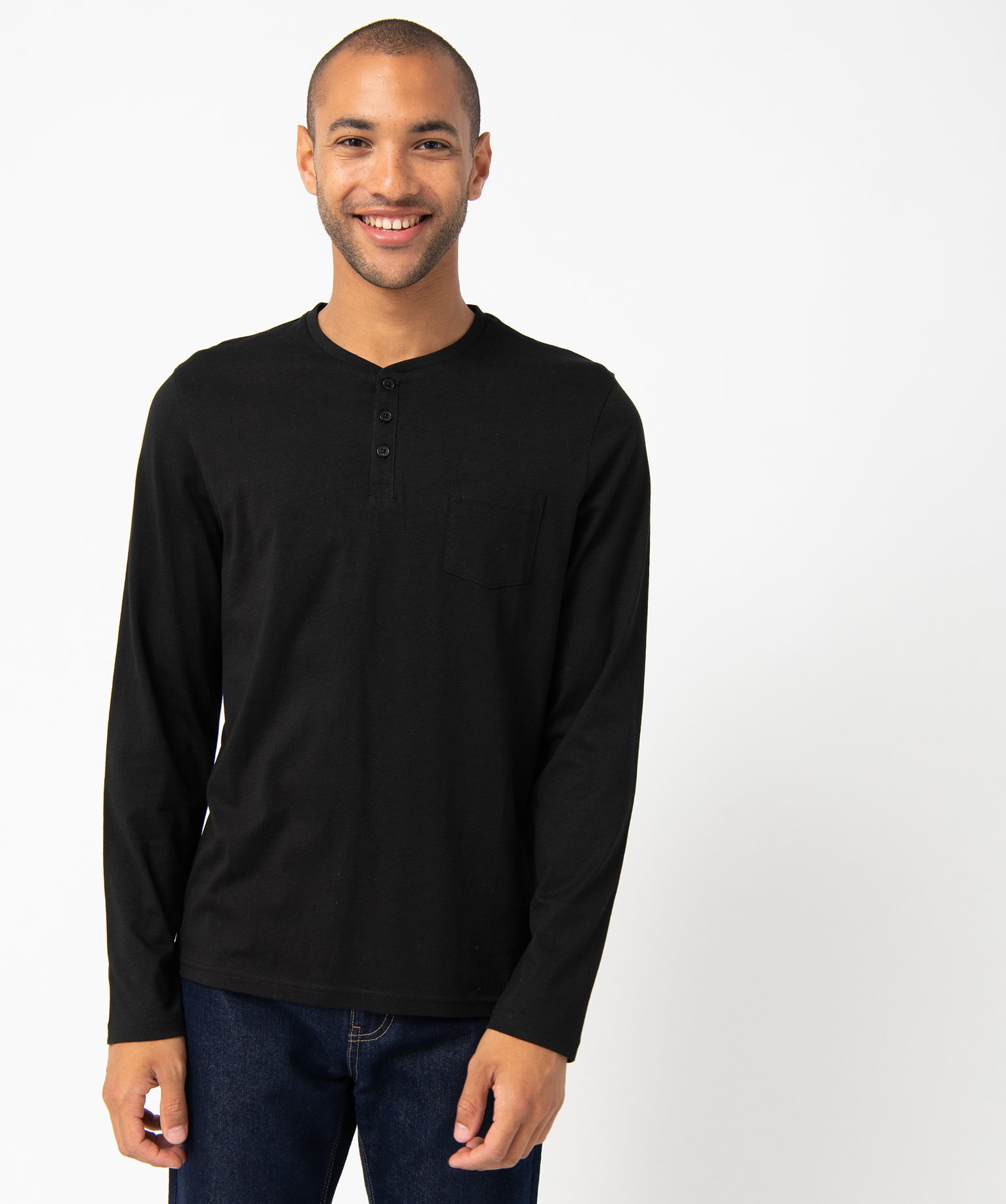 Tee-shirt à manches longues et col tunisien homme noir | GEMO