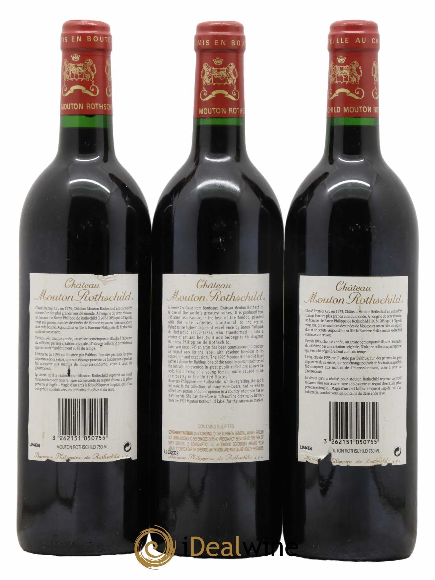 Château Mouton Rothschild 1er Grand Cru Classé  1993 - Lot de 3 Bouteilles