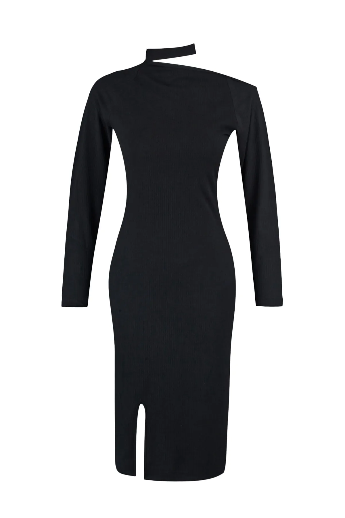Trendyol Collection  Schwarzes, detailliertes, geripptes Strickkleid mit Ausschnitten TWOAW23EL00107