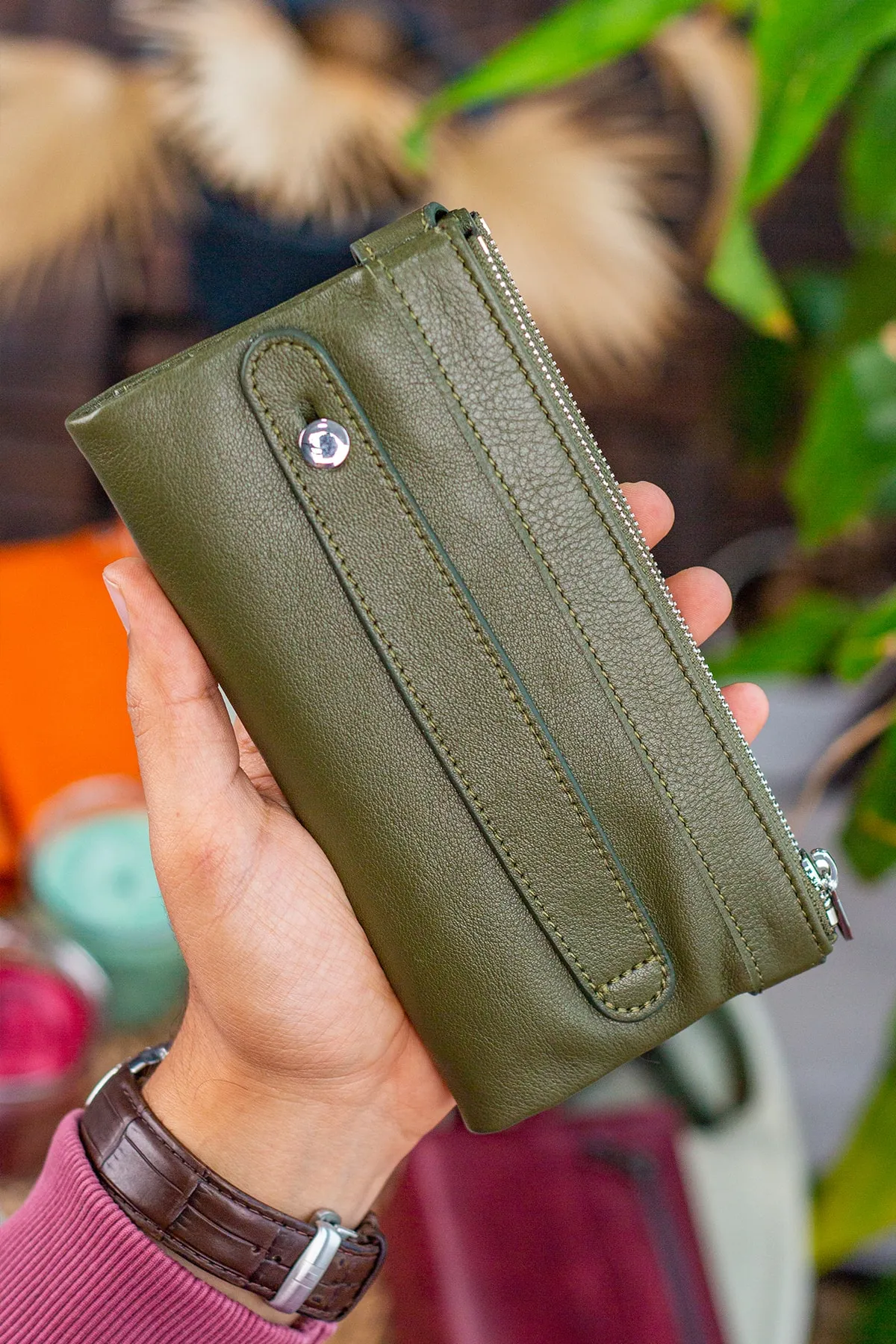 Garbalia  Roosevelt Unisex-Portfolio-Geldbörse aus echtem Leder in Grün mit Handyfach und Griff