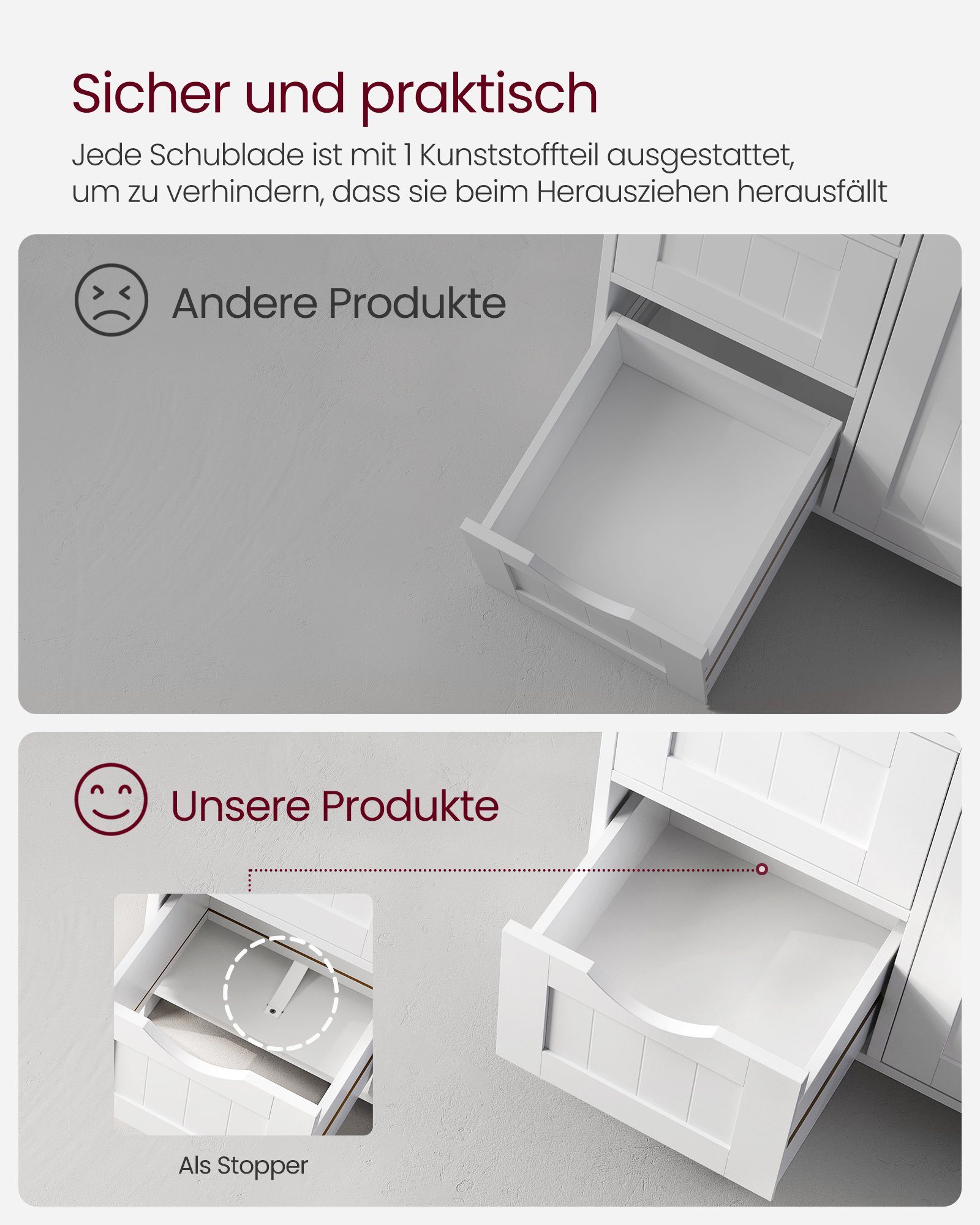 VASAGLE Badmöbel-Set Badezimmerschrank, 4 Schubladen, verstellbare Ablage