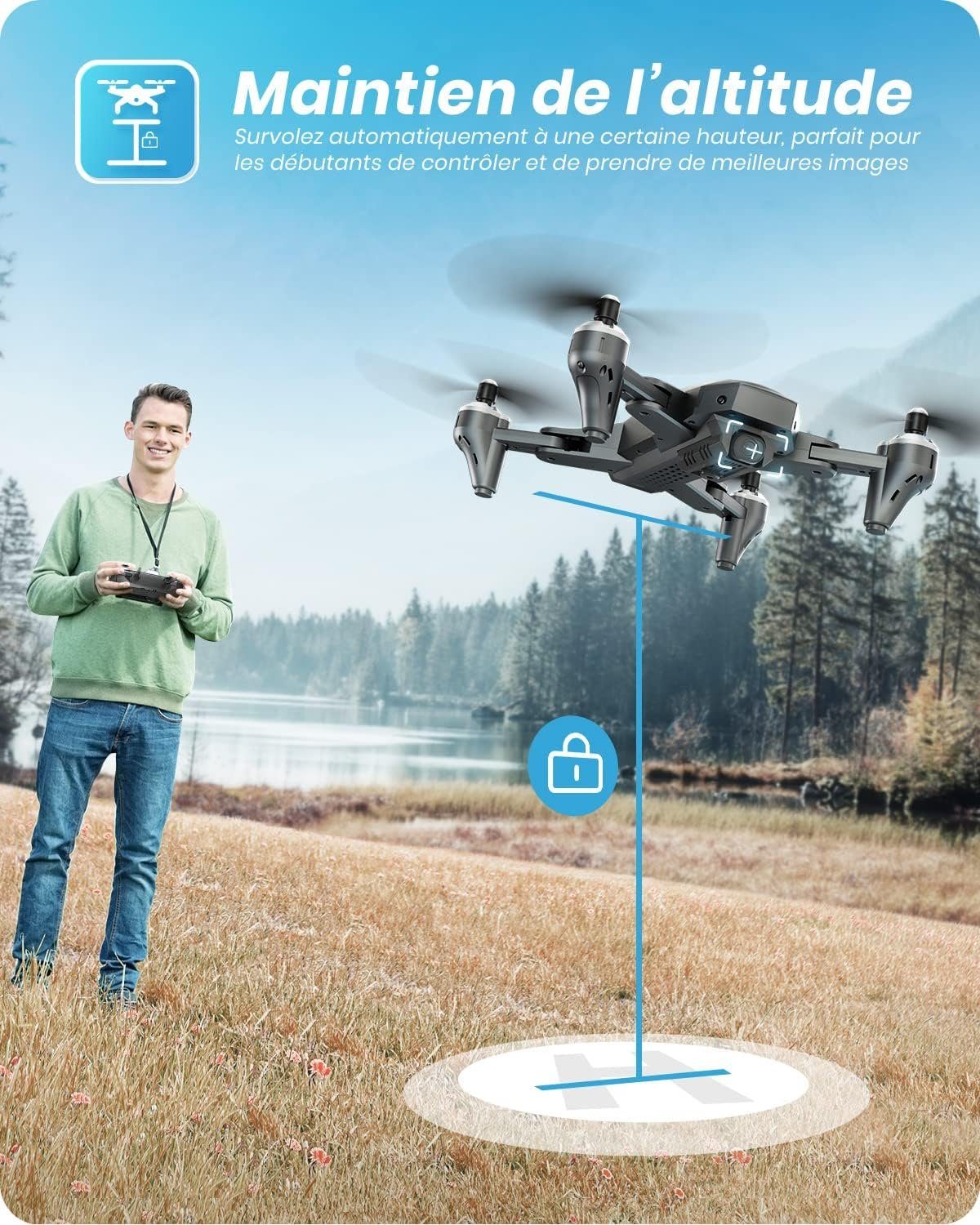 DEERC D10 Faltbare Drohne mit Kamera für Erwachsene FPV Live Video Drohne (HD 1920 x 1080p, mit 2 Batterien 24 Minuten Höhenhaltung Quadcopter für KinderAnfänger)