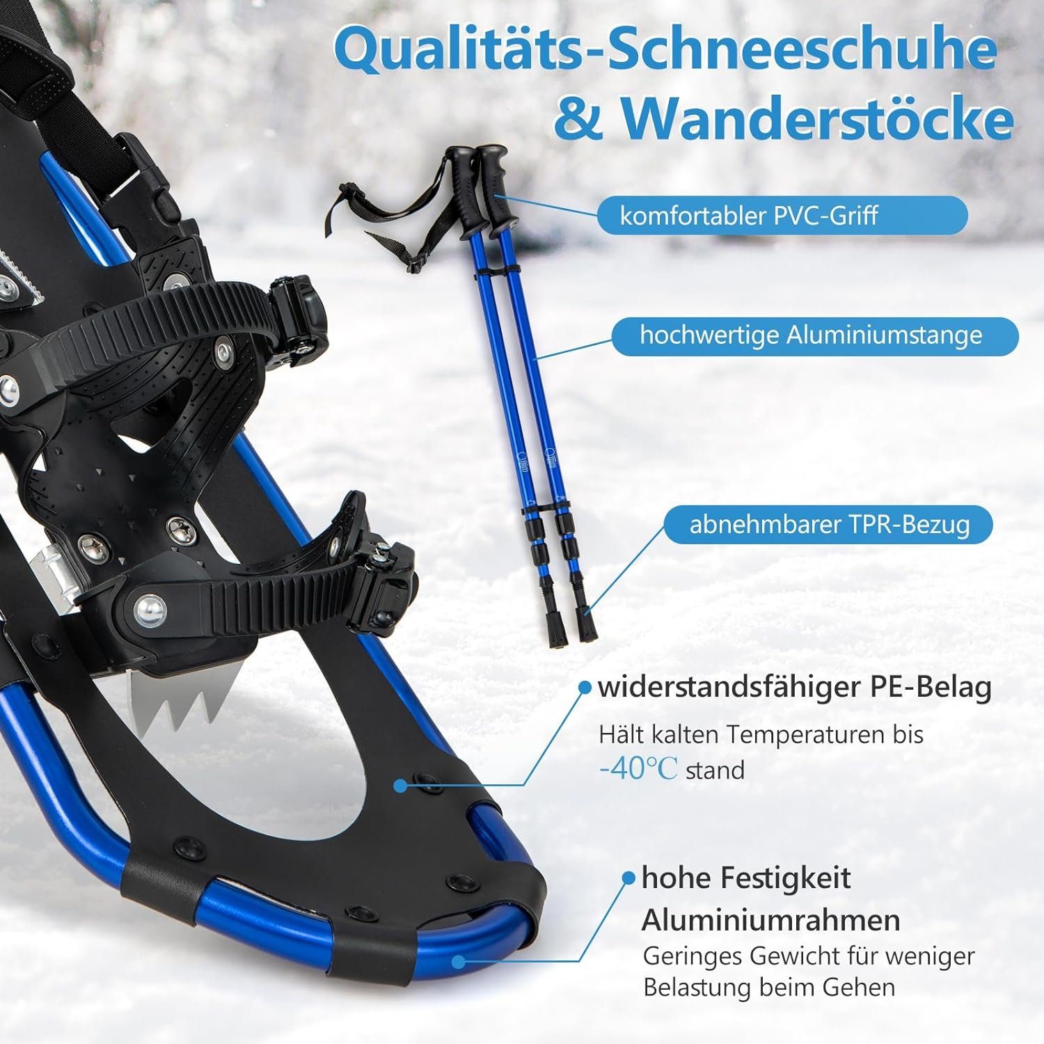 KOMFOTTEU Schneeschuhe 53/63/76cm (Set), mit Tragetasche & verstellbaren Wanderstöcken