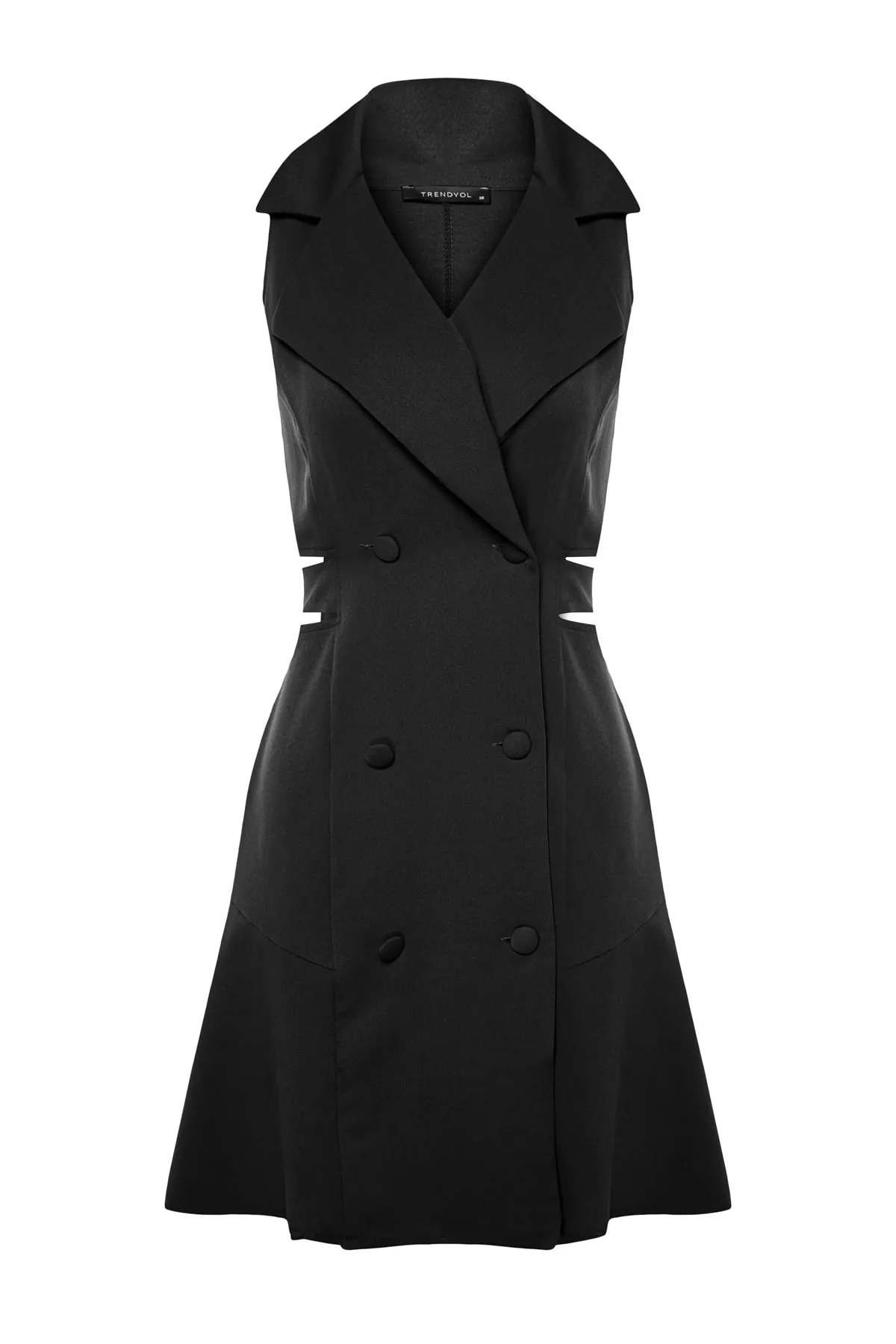 Trendyol Collection  Schwarzes, gewebtes Kleid mit Kragen, Miniausschnitt und Fensterdetail TWOSS23EL00608