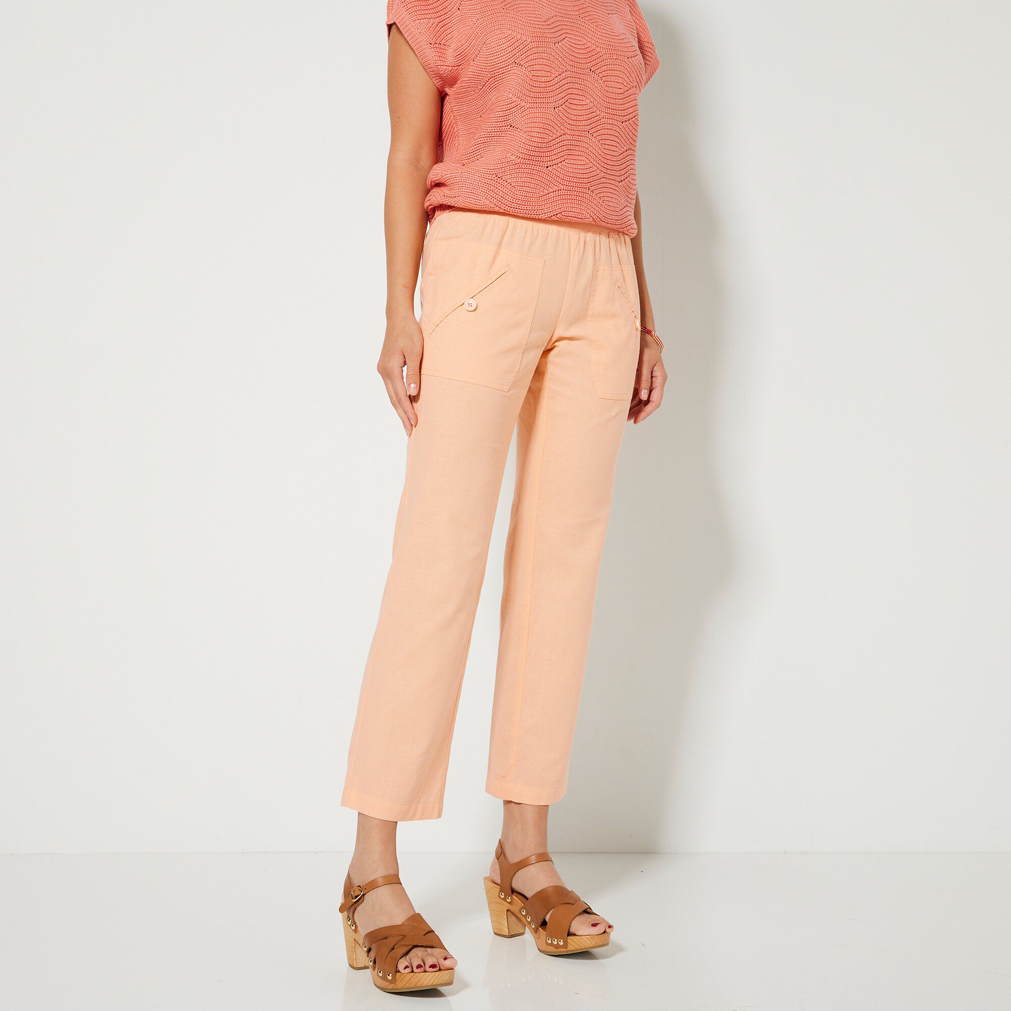 Pantalon coupe droite 7/8ème taille élastiquée, lin coton