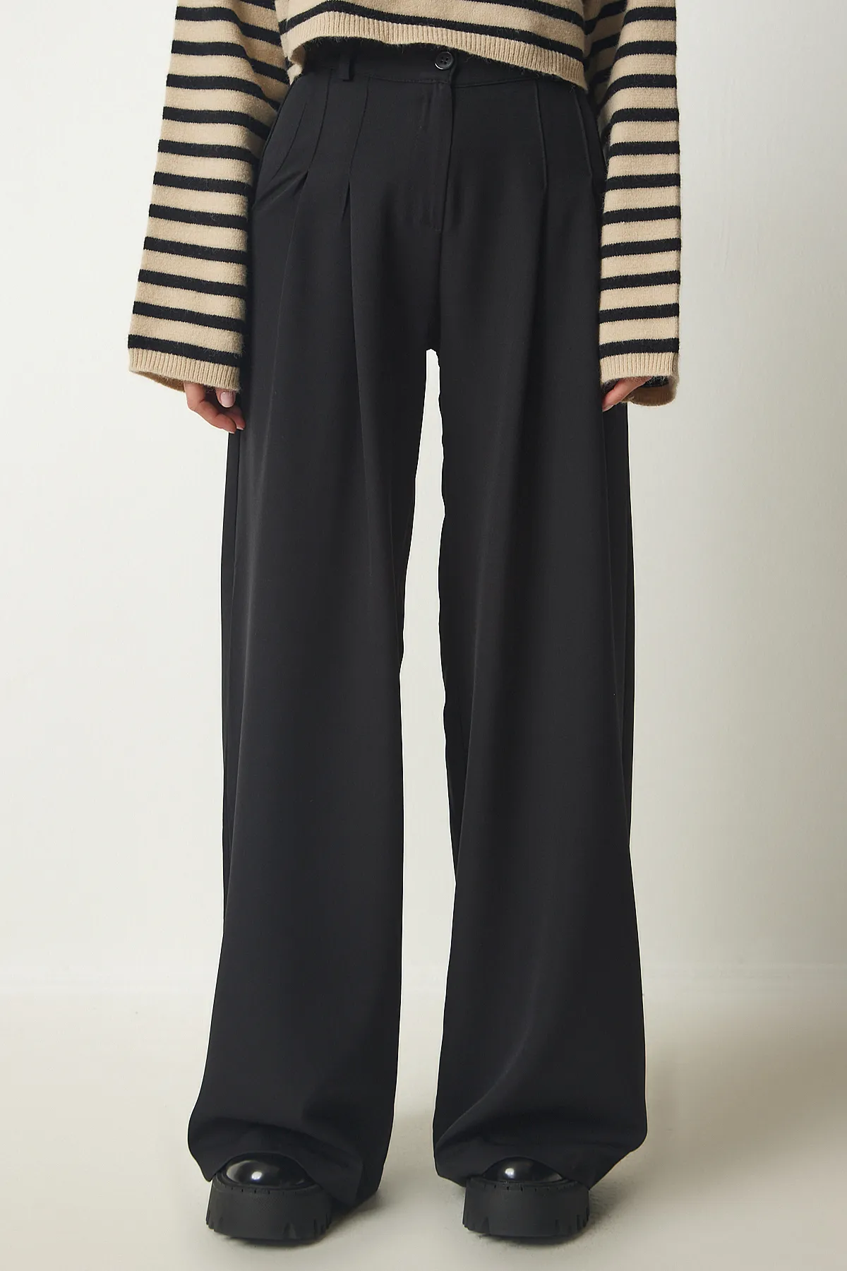 Happiness İstanbul  Schwarze plissierte Palazzo-Webhose für Damen FN03139
