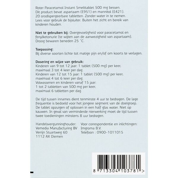 Roter Paracetamol 500mg Melt Tablets Medicine - 20 pieces