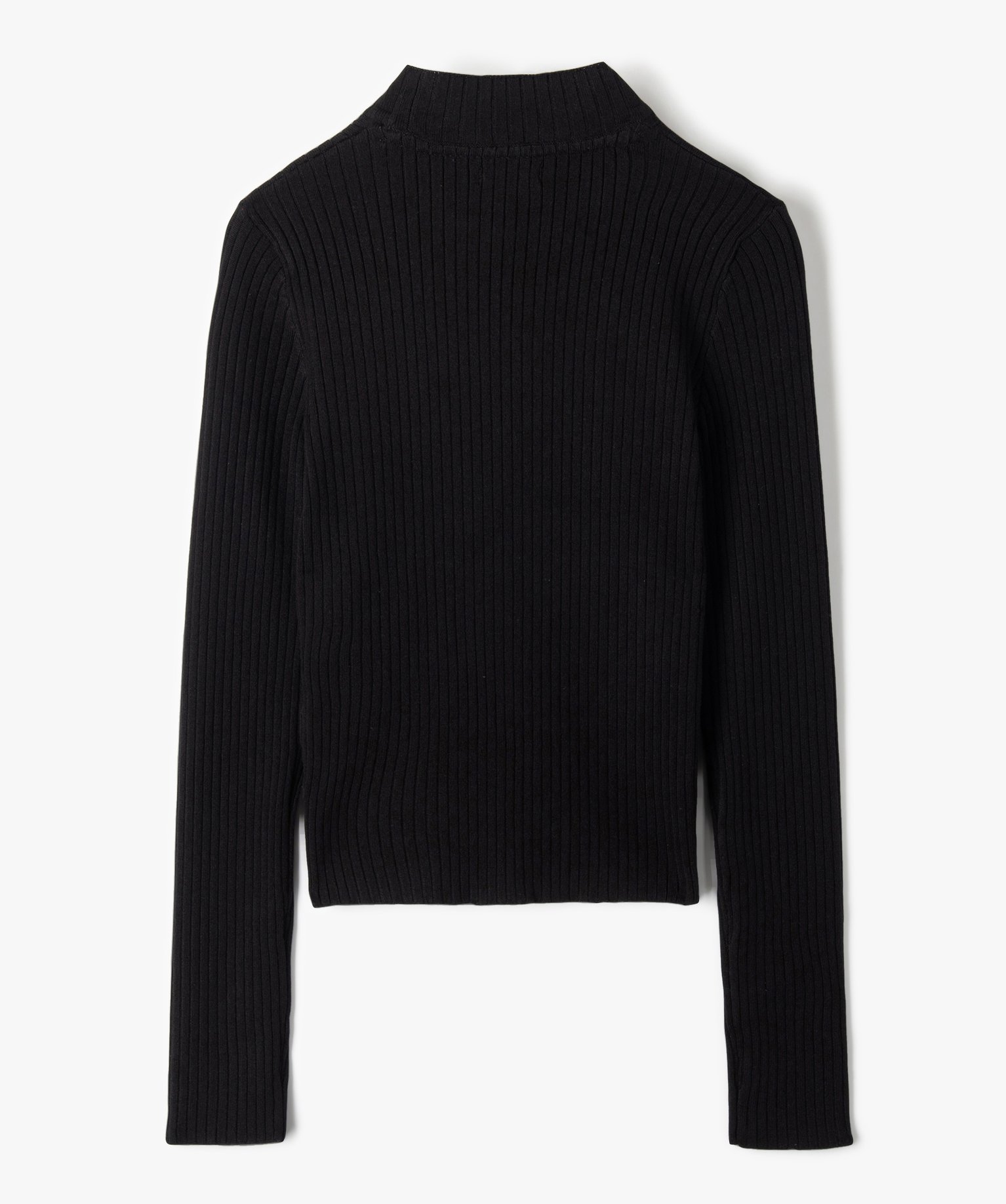 Pull fille court à col cheminée en maille ctelée noir | GEMO