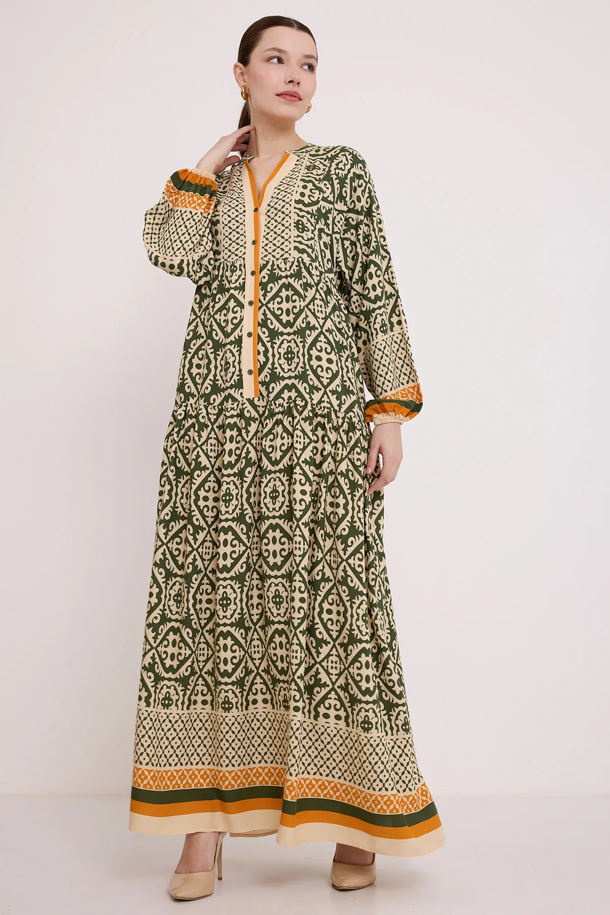 Bigdart  Beige-grünes Viskose-Hijab-Kleid für Damen 2423