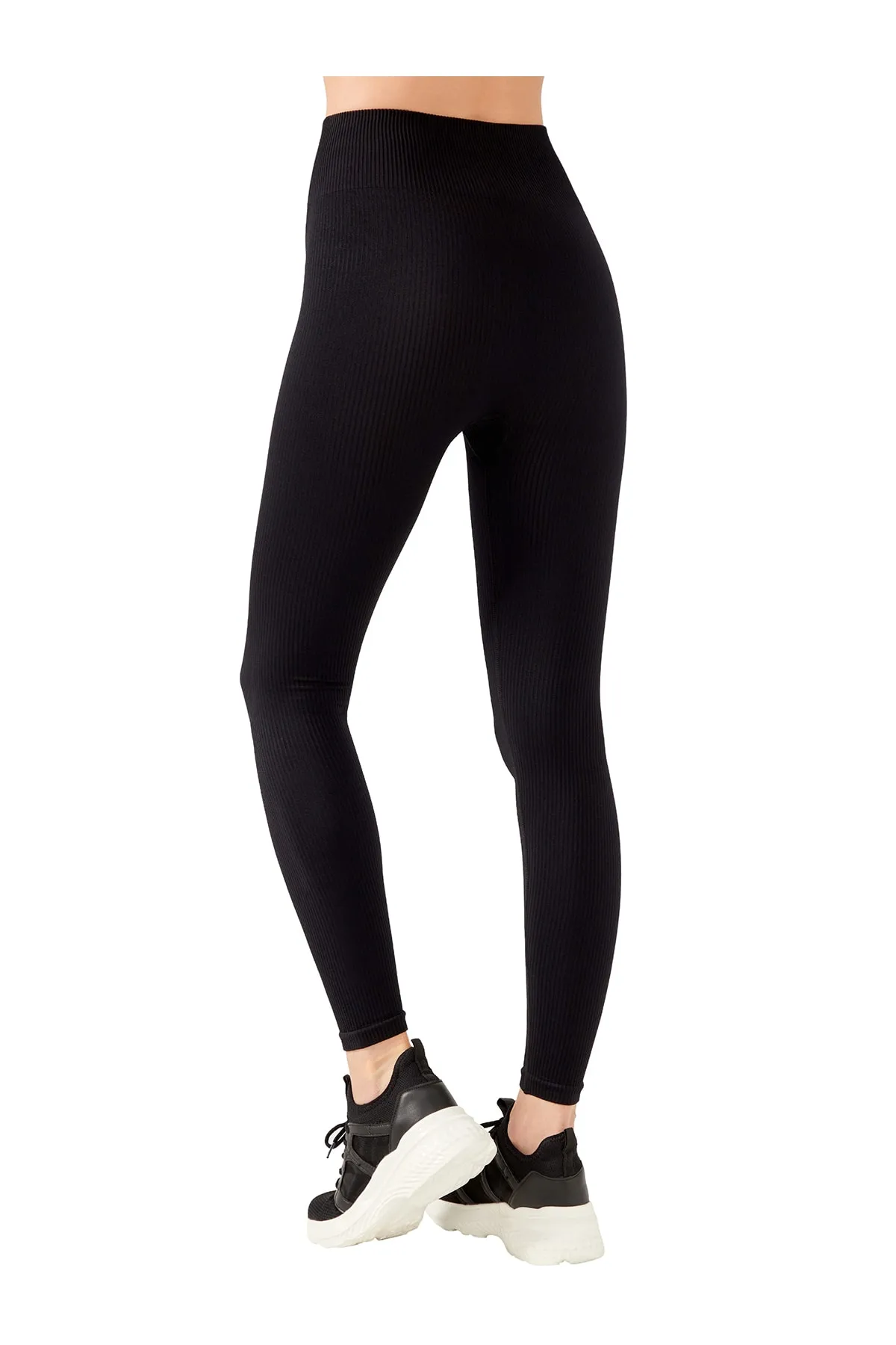 LOS OJOS  Schwarze, nahtlose, gerippte Fitness-Leggings mit hoher Taille für Damen