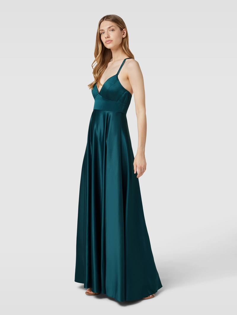 Abendkleid mit gekreuzten Spaghettiträgern in dunkelgrün meliert