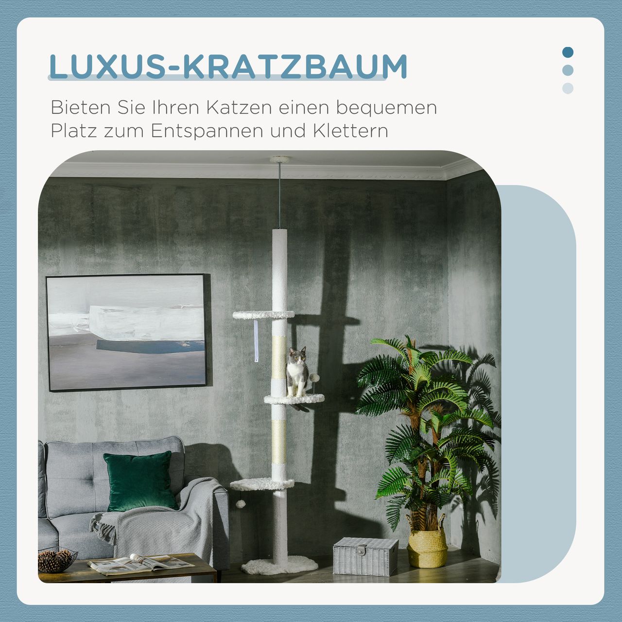 PawHut Deckenhoher Kratzbaum 2,25-2,55m Sitzplattformen Plüsch Spielbälle Weiß
