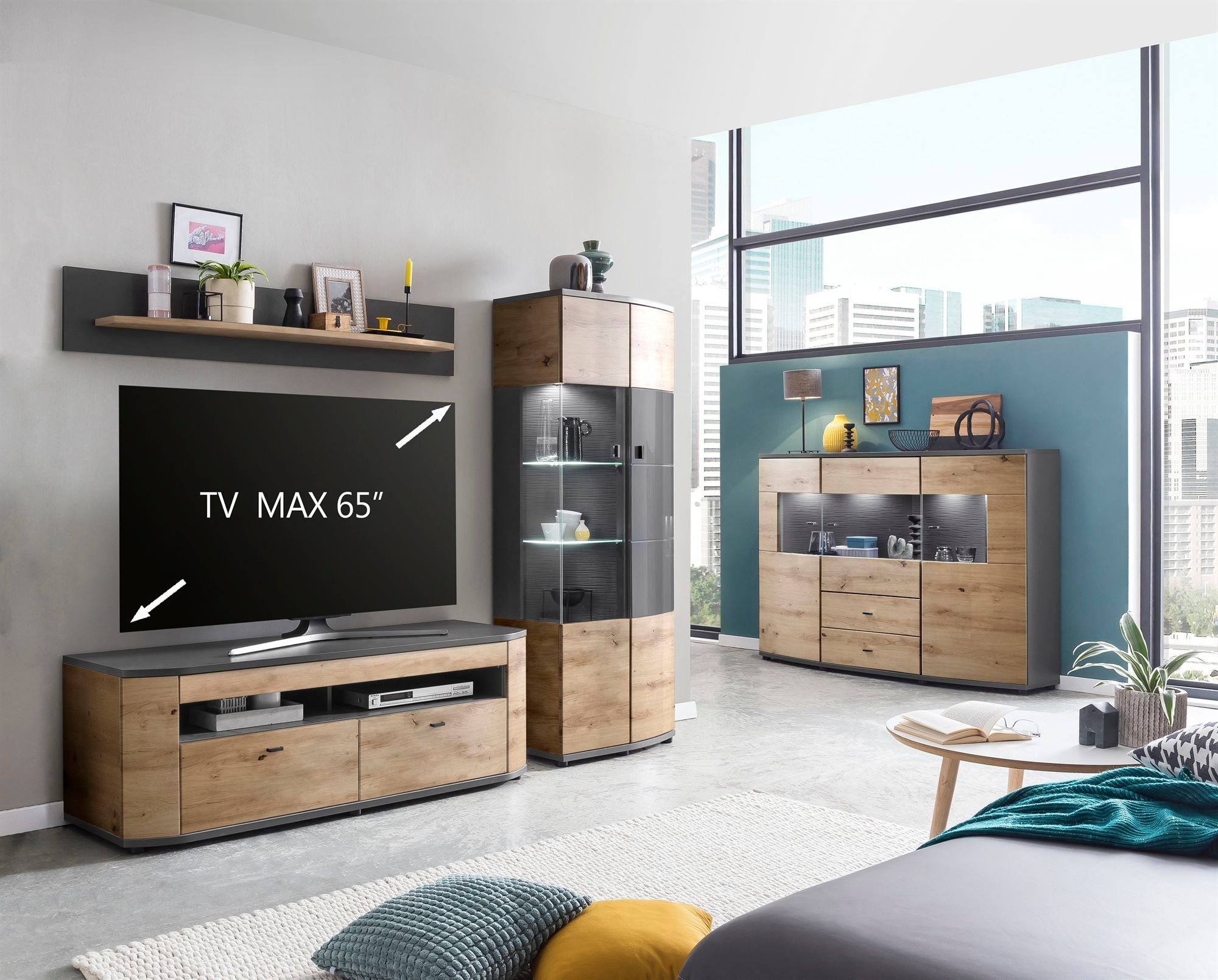 58 aufm Kessel Wohnwand Wohnkombination Jacinthe 235x171x46 Eiche/Anthrazit/Anthrazit HG 10181, (Komplettset, 3-St), Türen mit Selbsteinzug und Dämpfung