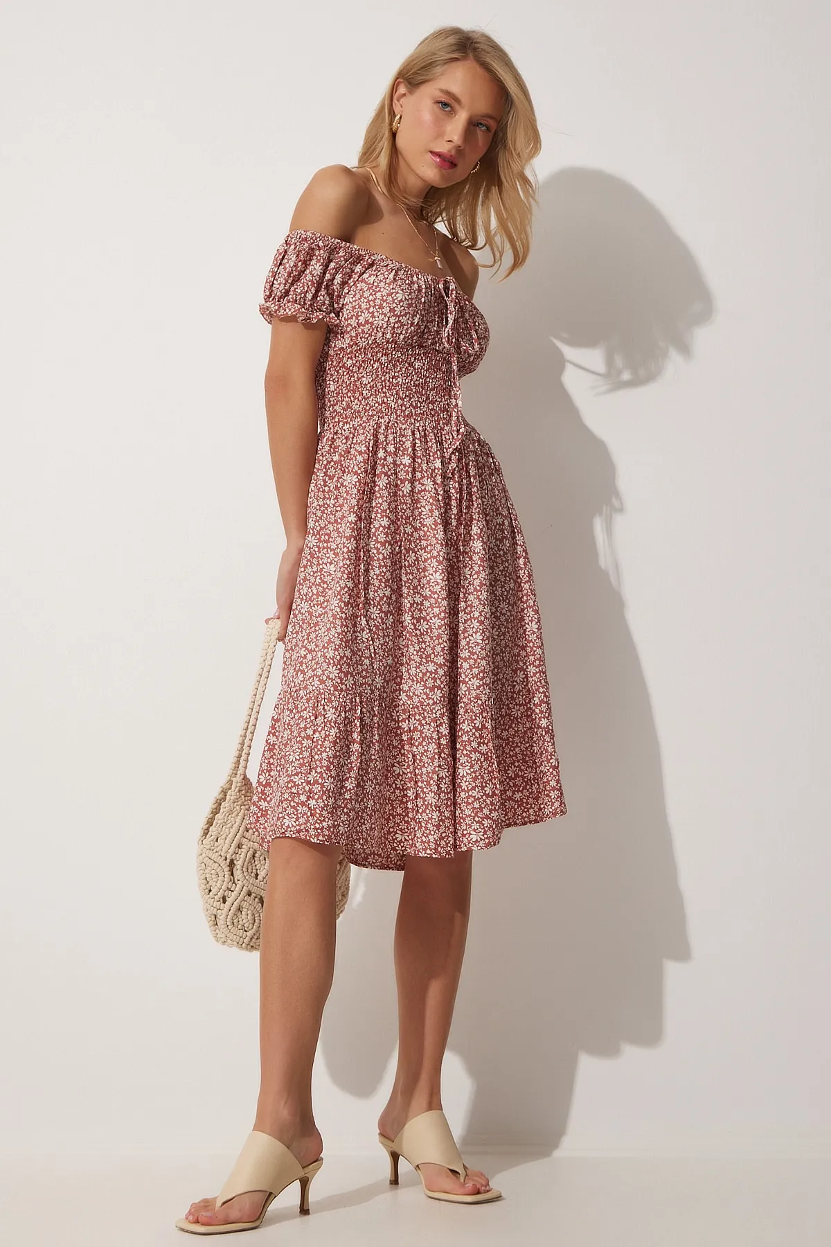 Happiness İstanbul  Damen-Sommerkleid mit Carmen-Kragen, ziegelfarben, gestrickt, MX00080