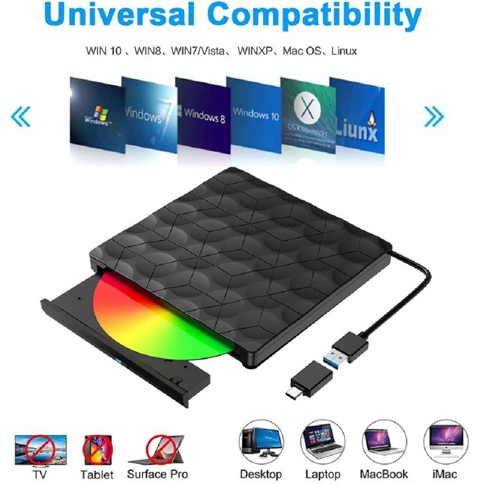 Daskoo Externe CD DVD Laufwerk, Portable Brenner mit USB 3.0 und Type-C externe HDD-Festplatte, DVD-Brenner