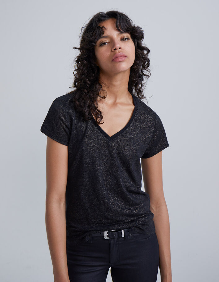 Tee-shirt col V noir en lin foil femme