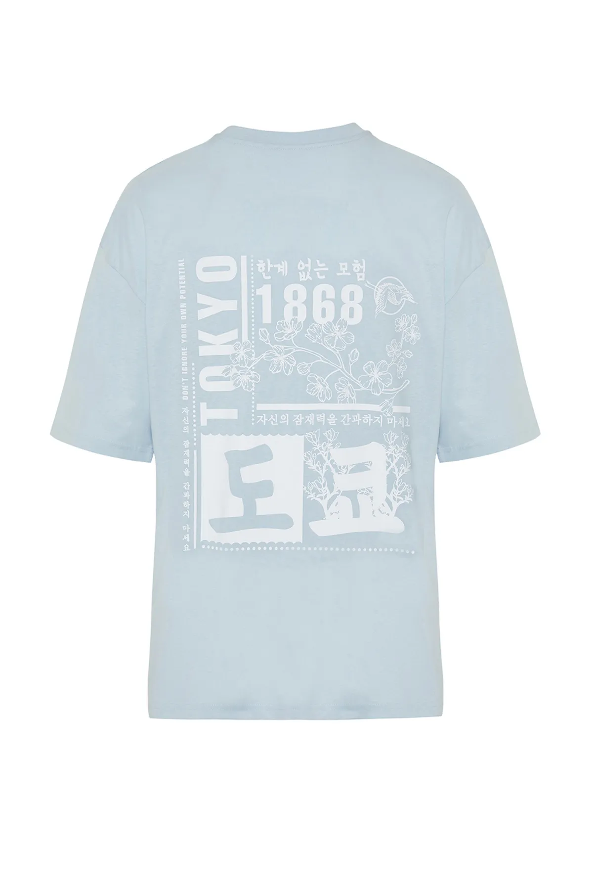 Trendyol Collection  Hellblaues, übergroßes/weit geschnittenes T-Shirt aus 100 % Baumwolle mit Fernost-Aufdruck TMNSS23TS00170
