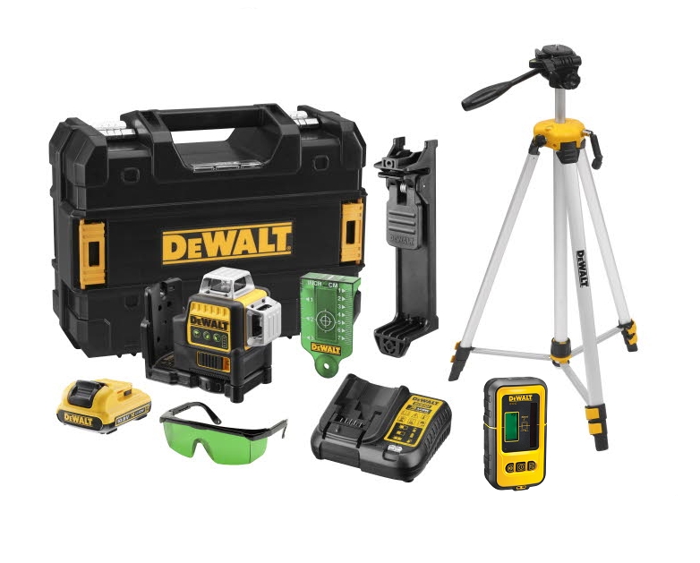 Laser à lignes croisées autonivelant DeWalt DCE089D1GTRID, faisceau vert, batterie Li-Ion XR 10,8 V 2,0 Ah + trépied DE0881T + récepteur DE0892G