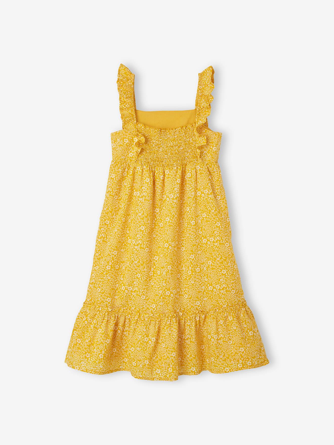 Robe à bretelle volantées fille ecru imprimé fleurs bleues
