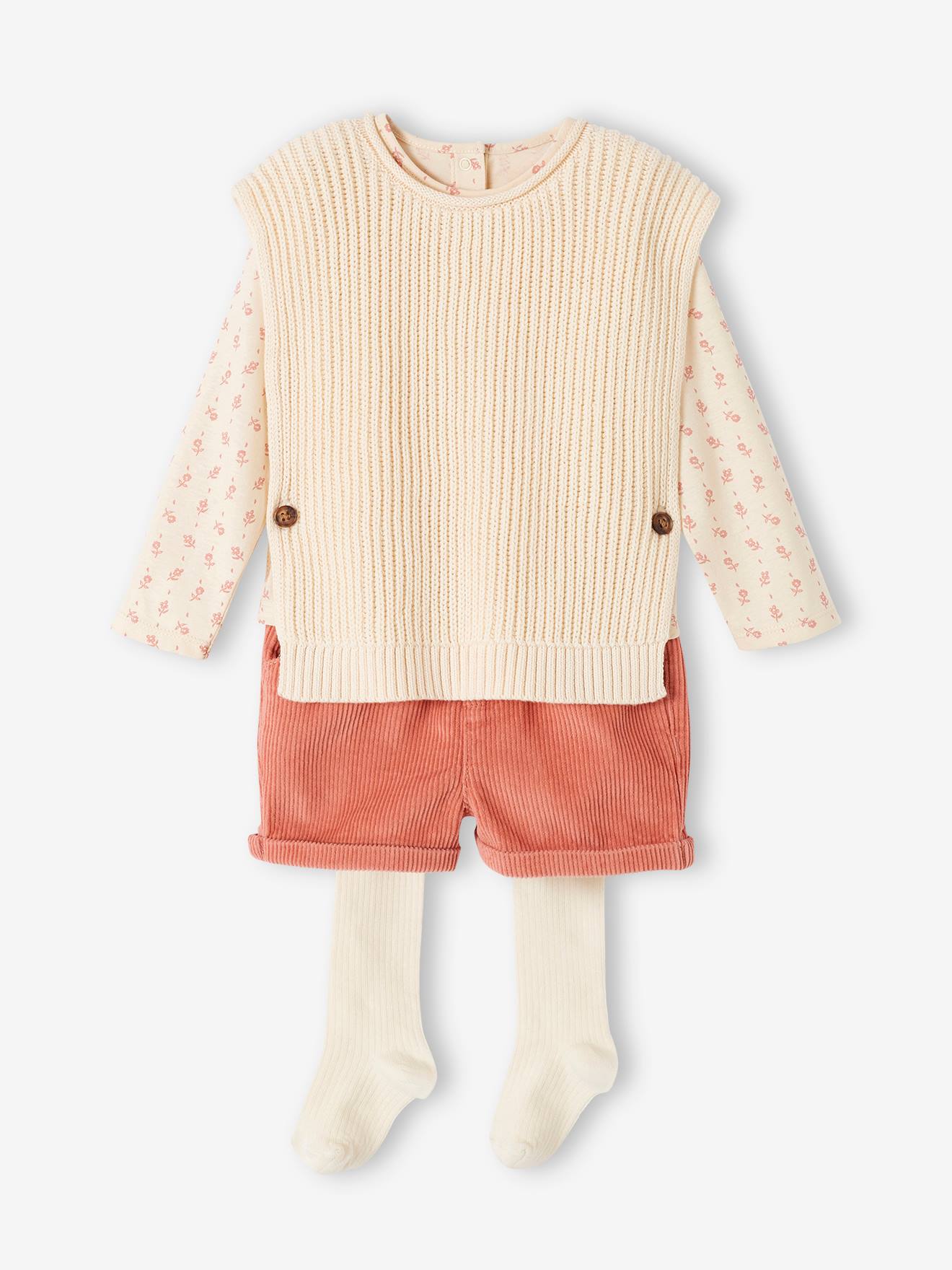 Vertbaudet Mädchen Baby-Set: Shirt, Shorts, Pullunder & Strumpfhose - altrosa