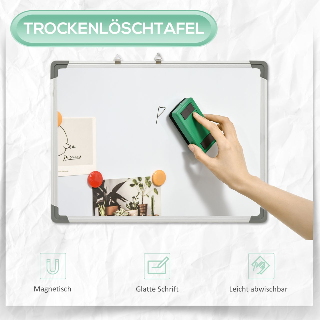 HOMCOM Whiteboard Magnetisch Magnettafel mit 4 Markern 1 Radiergummi 10 Magnet Staffelei Wandmontage leicht abwischbar 60 x 1,8 x 45 cm