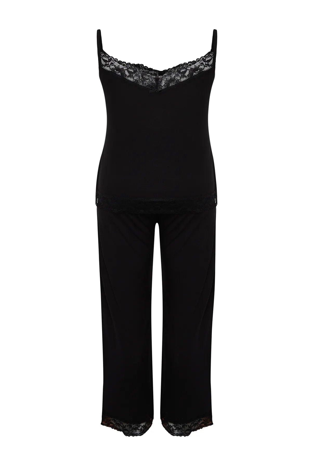 Trendyol Curve  Schwarzes, detailliertes Strickpyjama-Set mit Spitze TBSSS24AI00000