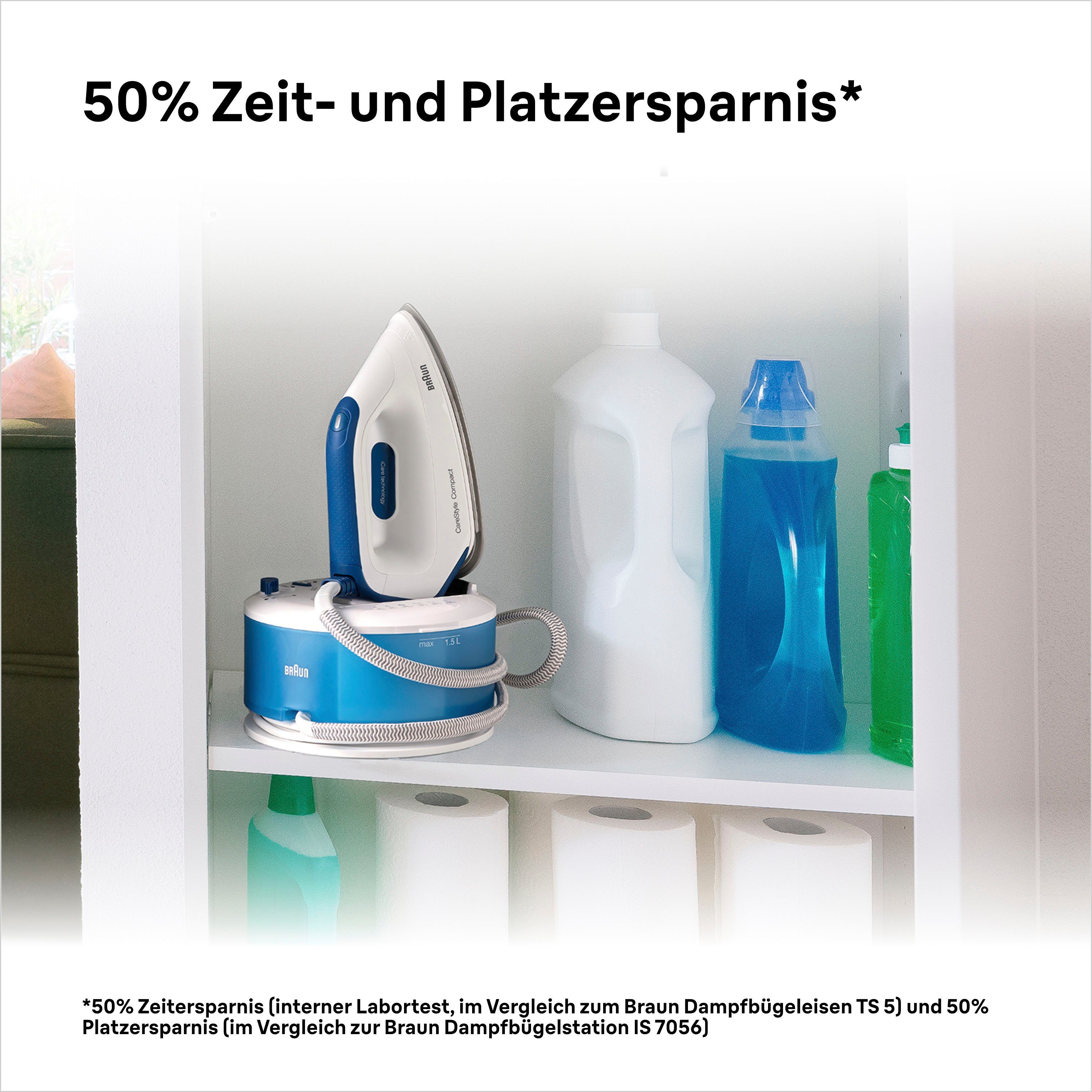 Braun Dampfbügelstation CareStyle Compact IS2143BL, 1500 ml Wassertank, blau, max. Dampfmenge 420g/min, Rückwärtsbügeln über Knöpfe