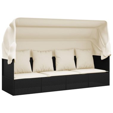 vidaXL Gartenliege Outdoor-Loungebett mit Dach und Kissen Schwarz Poly Rattan, 1 St.