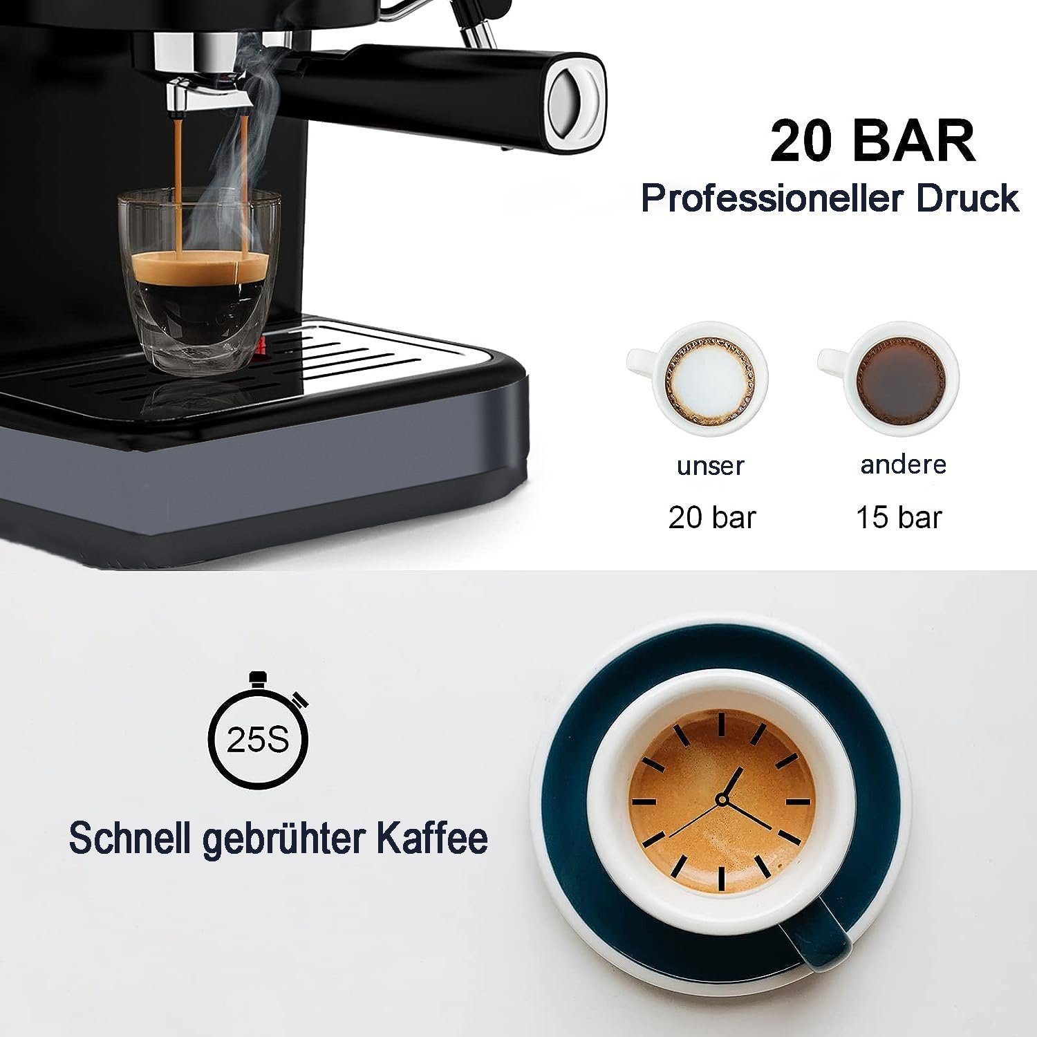 Mutoy Kaffeevollautomat Kaffeevollautomat,Espresso Siebträgermaschine 20 Bar, Kaffeemaschine für den Hausgebrauch, 850W, 1,8 Liter Wassertank